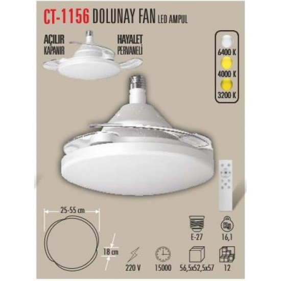 Cata CT-1156 Dolunay 3 Renk Yanma Modlu Dimlenebilir Fan Led Ampul Hayalet Pervaneli Aydınlatma Beyaz